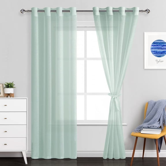 JIUZHEN Semi Sheer Curtains for Living Room - 96 inches Long with Tiebacks Light Filtering Grommet Window Curtains for Bedroom/Office, 52Wx 96L, Set of 2 Panels,Bean Green