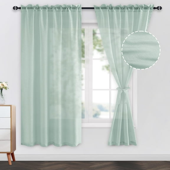 JIUZHEN Semi Sheer Curtains with Tiebacks, Light Filtering Semi Transparent Voile Rod Pocket & Back Tab Window Drapes for Balcony & Garden, Set of 2, W52x L72 inch Length, Bean Green