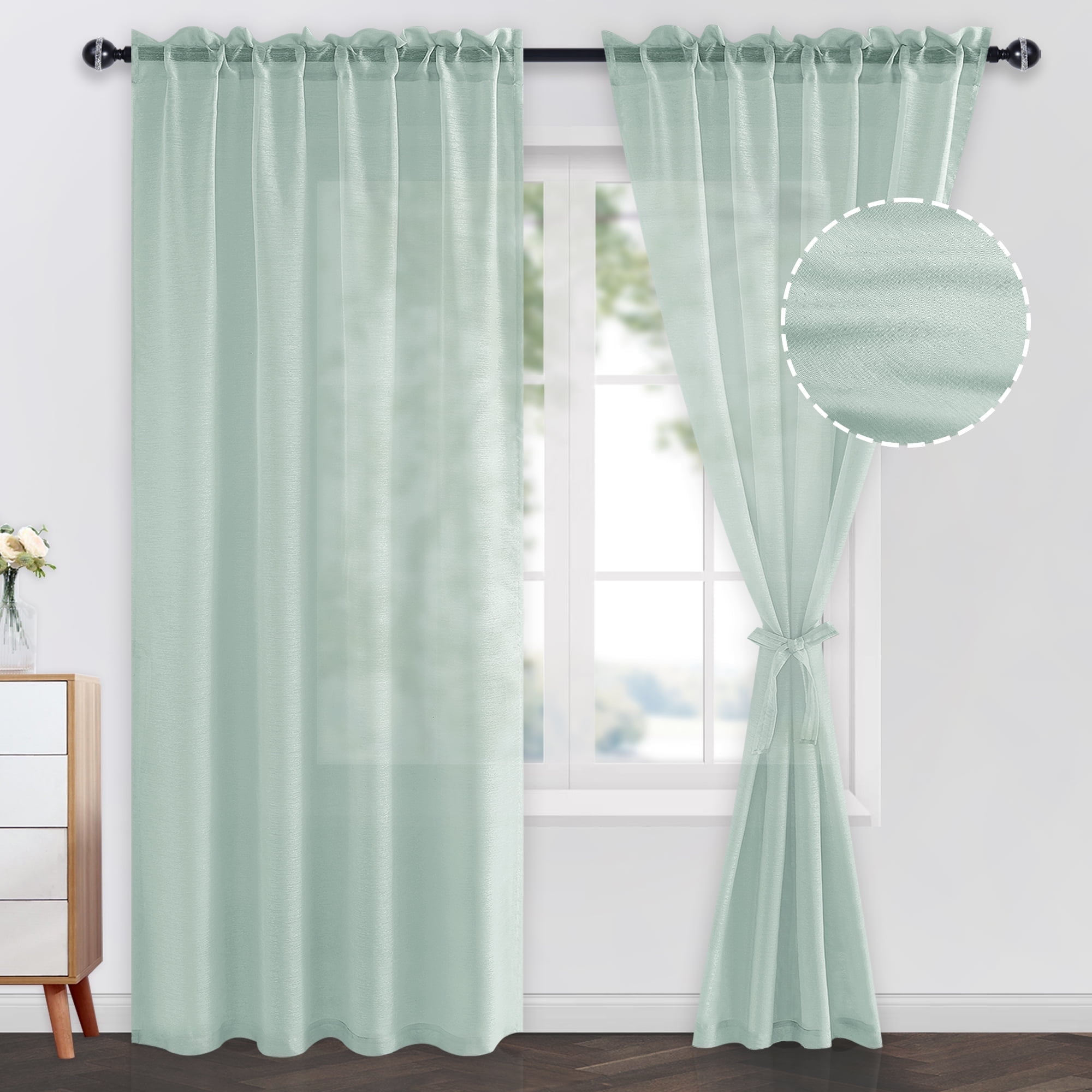 JIUZHEN Semi Sheer Curtains with Tiebacks, Light Filtering Semi Transparent Voile Rod Pocket & Back Tab Window Drapes for Balcony & Garden, Set of 2, W52x L96 inch Length, Bean Green