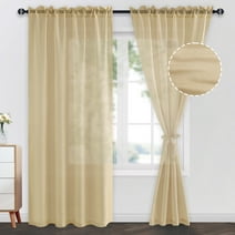 JIUZHEN Sheer Curtains with Tiebacks, Light Filtering Semi Transparent Rod Pocket Window Voile Curtains Drapes for Kitchen & Living Room, Set of 2, W52x L84 inch Length, Taupe