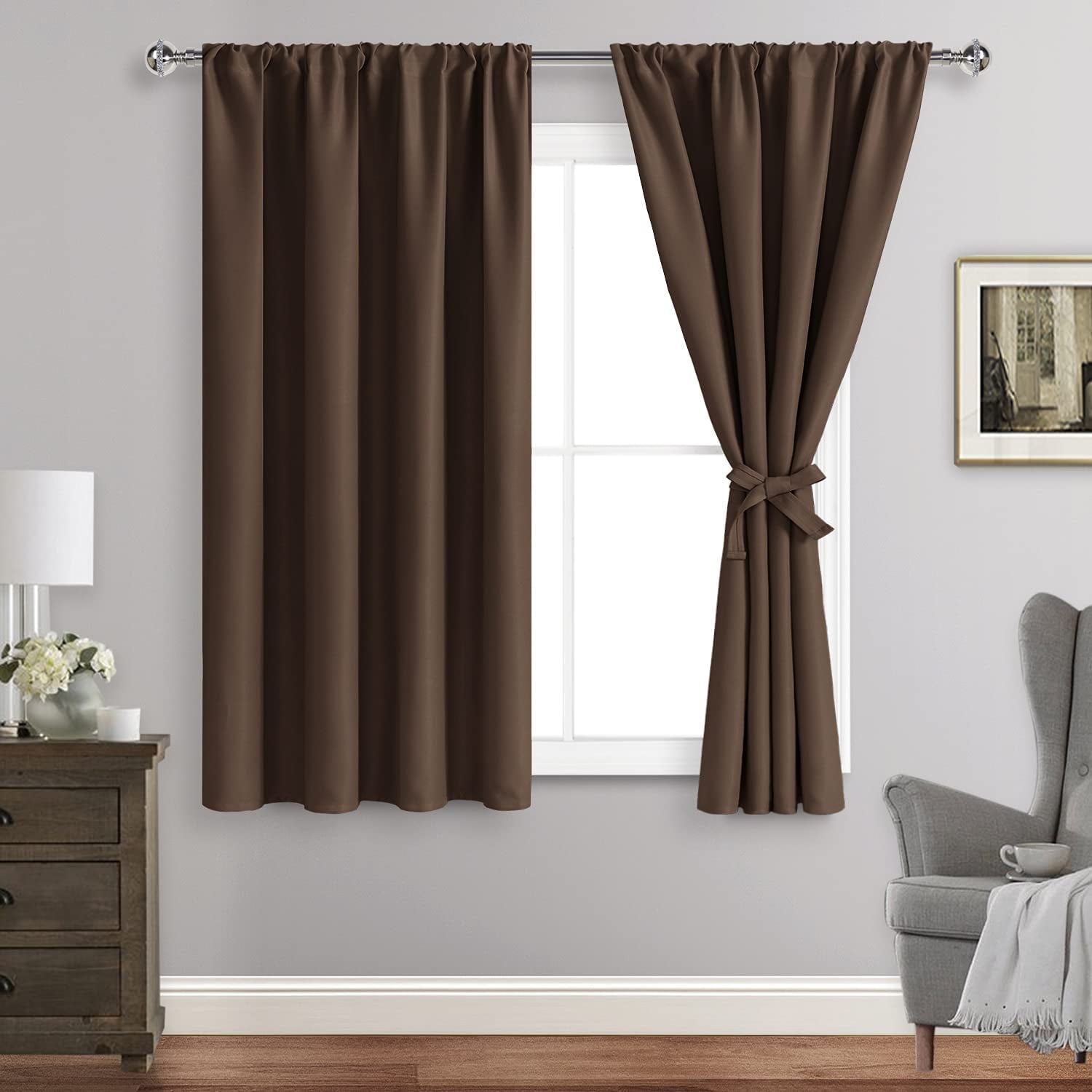 JIUZHEN Short Curtains Half Window Curtains for Bedroom - Cafe Room Darkening Privacy Energy Saving Blackout Curtain Panels for Bathroom, Set of 2 Panels with Tiebacks, 38 x 45 Inch Length, Brown