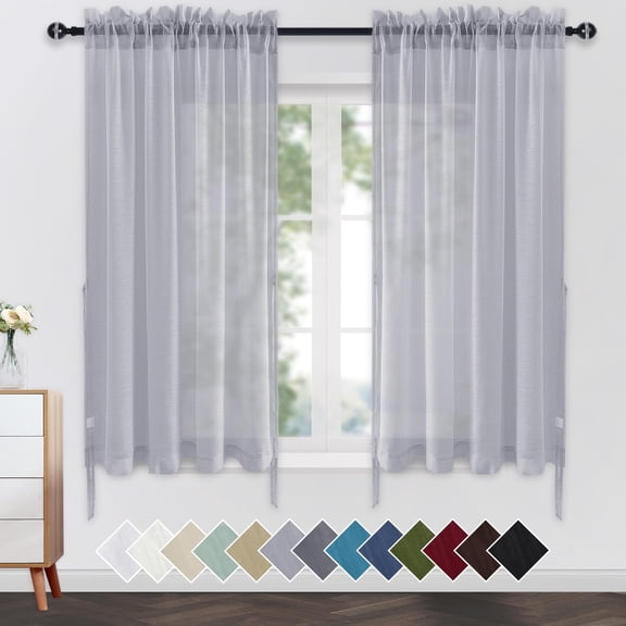 JIUZHEN Short Sheer Curtains 45 Inches Long, Rod Pocket Light Filtering Semi Transparent Voile Window Curtains for Living Room & Bedroom, Set of 2 Panels with Tiebacks, W52 x L45, Grey