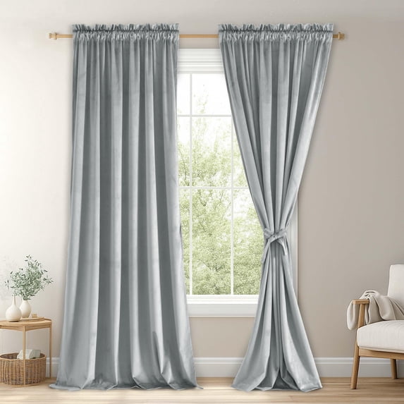 JIUZHEN Silver Grey Room Darkening Velvet Curtains 90 inches Long for Living Room, Soft Rod Pocket Thick Noise Reducing Window Drapes for Bedroom Home Office, 52W x 90L, Set of 2 Panels with Tiebacks
