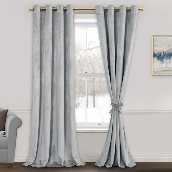JIUZHEN Silver Grey Room Darkening Velvet Curtains 90 inches Long for Living Room, Super Soft Thermal Insulated Window Drapes for Bedroom Home Office, W52 x L90 inch, Set of 2 Panels with Tiebacks