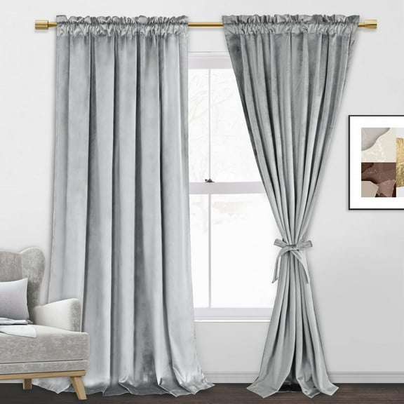 JIUZHEN Silver Grey Velvet Curtains for Living Room -96 inches Long Thermal Insulated Room Darkening Window Drapes for Bedroom/Background, Set of 2 with Tiebacks, 60W x 96L