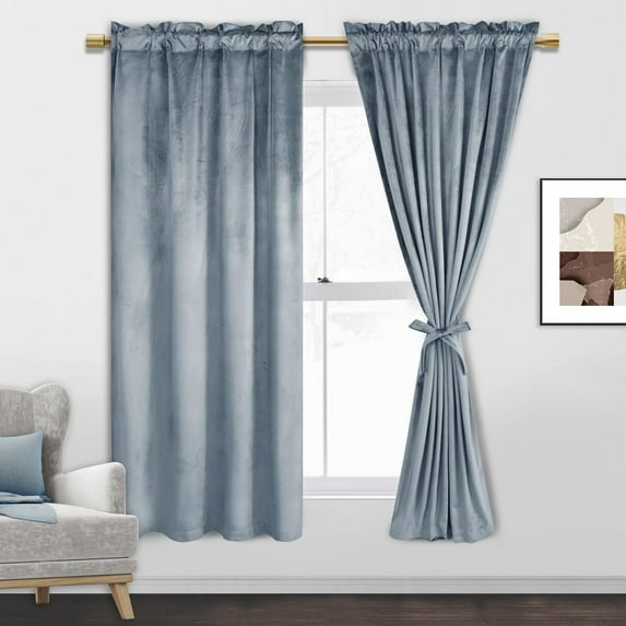 JIUZHEN Stone Blue Room Darkening Velvet Curtains 63 inches Long for Living Room, Soft Rod Pocket Thermal Insulated Window Drapes for Bedroom Home Office, 52W x 63L, Set of 2 Panels with Tiebacks