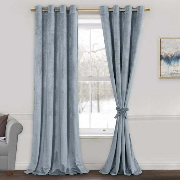 JIUZHEN Stone Blue Room Darkening Velvet Curtains 90 inches Long for Living Room, Super Soft Thermal Insulated Window Drapes for Bedroom Home Office, W52 x L90 inch, Set of 2 Panels with Tiebacks