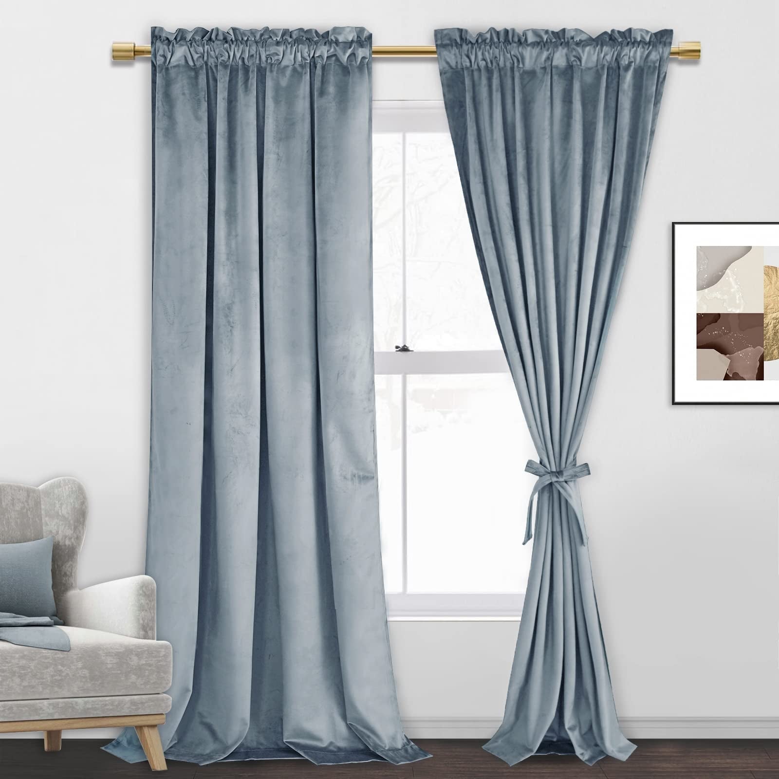JIUZHEN Stone Blue Room Darkening Velvet Curtains 96 inches Long for