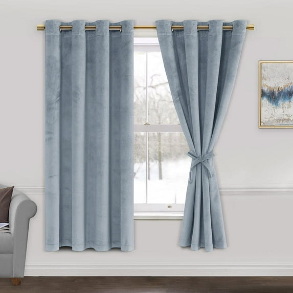 JIUZHEN Stone Blue Velvet Short Curtains- Super Soft Thick Velvet Texture Drapes Room Darkening Window Treatment for Kid's Bedroom/Kitchen, Wide 52" by Long 63", 2 Panels with Tiebacks