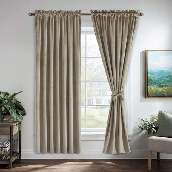 JIUZHEN Taupe Room Darkening Velvet Curtains 72 inches Long for Living Room, Super Soft Rod Pocket Thick Textured Window Drapes for Bedroom Home Office, 52W x 72L, Set of 2 Panels with Tiebacks