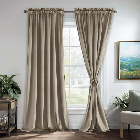 JIUZHEN Taupe Room Darkening Velvet Curtains 90 inches Long for Living Room, Super Soft Rod Pocket Thick Textured Window Drapes for Bedroom Home Office, 52W x 90L, Set of 2 Panels with Tiebacks