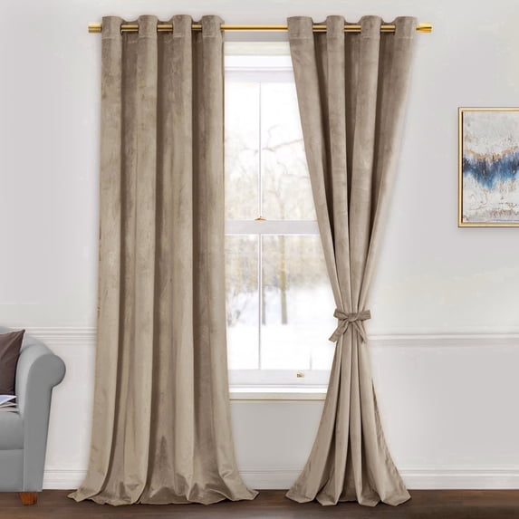 JIUZHEN Taupe Room Darkening Velvet Curtains 96 inches Long for Living Room, Super Soft Thermal Insulated Textured Window Drapes for Bedroom Home Office, W52 x L96 inch, Set of 2 Panels with Tiebacks