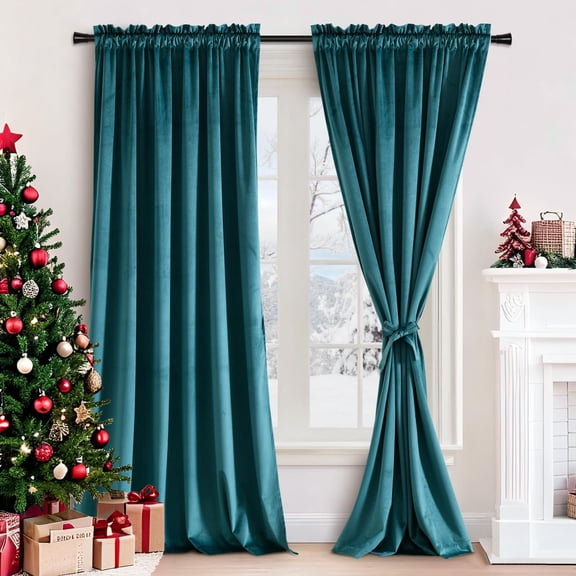 JIUZHEN Teal Room Darkening Velvet Curtains 90 inches Long for Living Room, Soft Rod Pocket Thick Noise Reducing Window Drapes for Bedroom Home Office, 52W x 90L, Set of 2 Panels with Tiebacks
