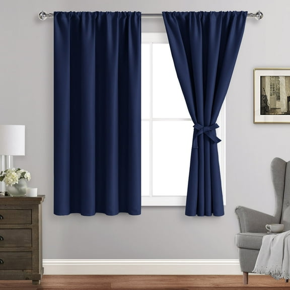 JIUZHEN Blackout Curtains for Bedroom - Thermal Insulated Room Darkening Rod Pocket Curtains for Living Room, Set of 2 Panels with Tiebacks, 42 x 45 Inch Length, Navy Blue