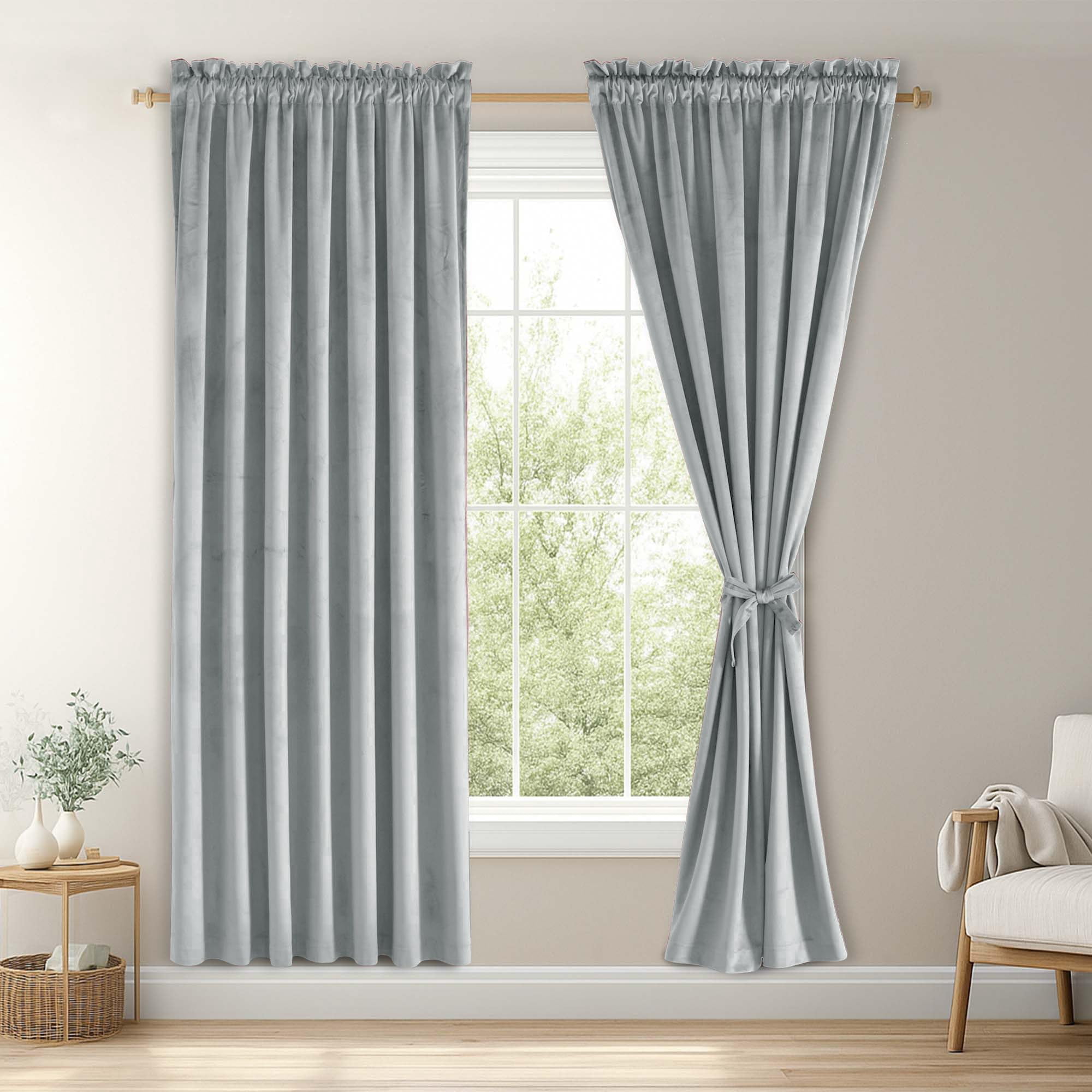 JIUZHEN Velvet Blackout Curtains for Bedroom - 63 inches Thermal Insulated Room Darkening Rod Pocket Drapes for Office/Party, Set of 2 Panels with Tiebacks, 52W x 63L, Silver Grey