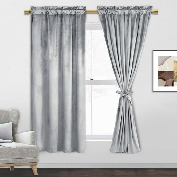 JIUZHEN Velvet Blackout Curtains for Bedroom - 63 inches Thermal Insulated Room Darkening Rod Pocket Drapes for Office/Party, Set of 2 Panels with Tiebacks, 52W x 63L, Silver Grey