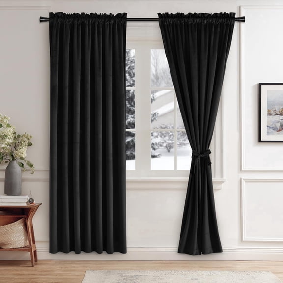 JIUZHEN Velvet Blackout Curtains for Bedroom - 72 inches Thermal Insulated Room Darkening Rod Pocket Drapes for Office/Party, Set of 2 Panels with Tiebacks, 52W x 72L, Black