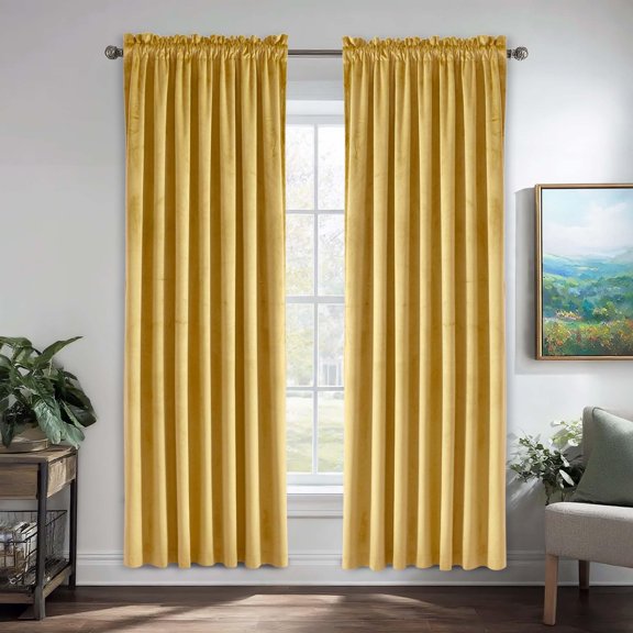 JIUZHEN Velvet Blackout Curtains for Bedroom - 72 inches Thermal Insulated Room Darkening Rod Pocket Drapes for Office/Party, Set of 2 Panels with Tiebacks, 52W x 72L, Yellow