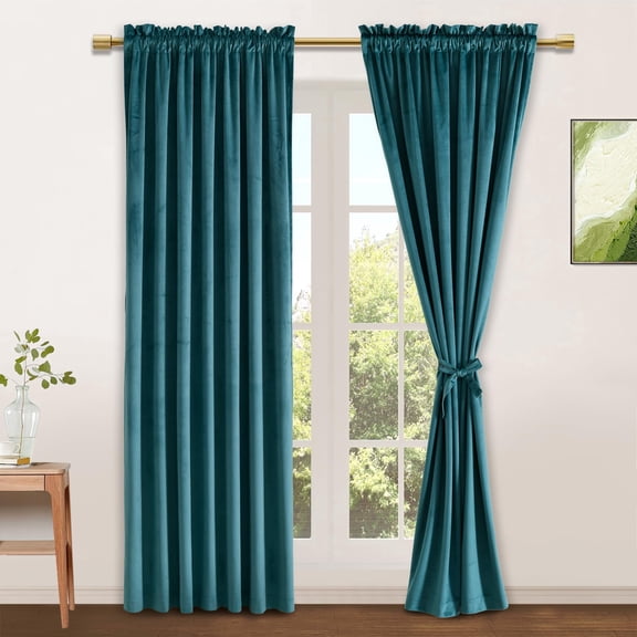JIUZHEN Velvet Blackout Curtains for Bedroom - 84 inches Thermal Insualted Room Darkening Rod Pocket Drapes for Office/Party, Set of 2 Panels with Tiebacks, 52W x 84L, Teal