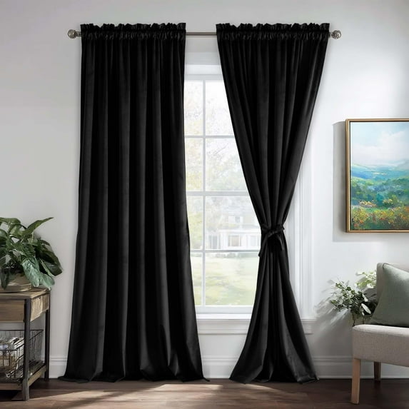 JIUZHEN Velvet Blackout Curtains for Bedroom - 84 inches Thermal Insulated Room Darkening Rod Pocket Drapes for Office/Party, Set of 2 Panels with Tiebacks, 52W x 84L, Black