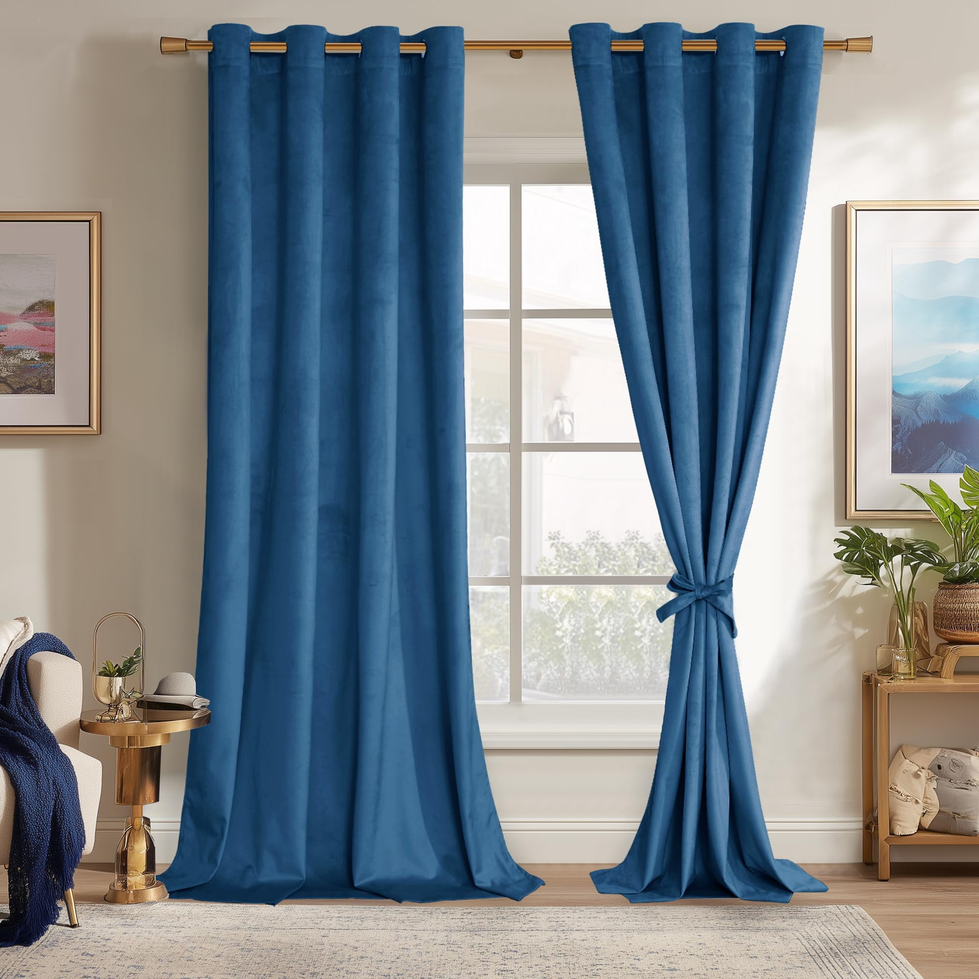 JIUZHEN Velvet Blackout Curtains for Bedroom - Thermal Insulated Room Darkening Grommet Window Drapes for Dining Room/Meeting Room, Set of 2 Panels with Tiebacks, 52 x 96 inches, Blue