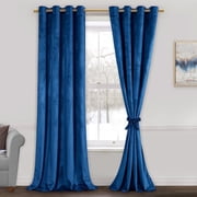 JIUZHEN Velvet Curtains 108 Inch Long Soft Retro Velvet Blackout Thermal Insulated & Noise Reducing Grommet Curtains for Living Room/Boys Room, 52W x 108L, 2 Panels with Tiebacks,Blue