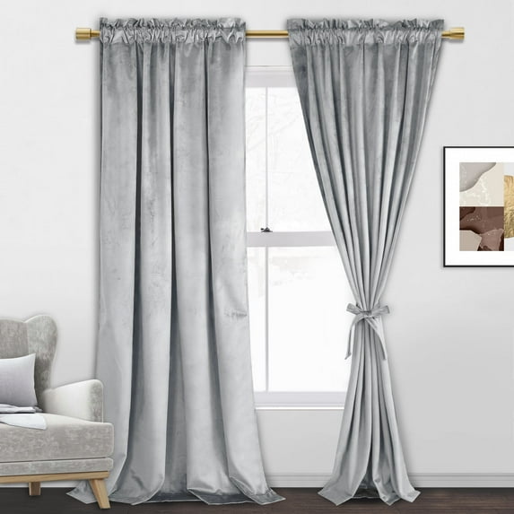 JIUZHEN Velvet Curtains 96 Inch Long–Soft Retro Velvet Blackout Thermal Insulated & Noise Reducing Rod Pocket Curtains for Living Room/Hotel Hall, 52W x 96L, 2 Panels with Tiebacks,Silver Grey