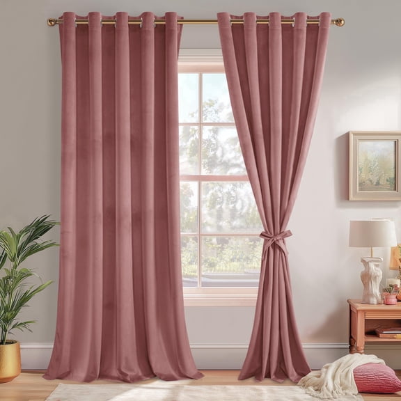 JIUZHEN Velvet Curtains for Bedroom 84 Inches Long - Luxury Thermal Insulated Blackout Curtains with Tiebacks Soundproof Room Darkening Grommet Drapes for Living Room, Set of 2, W60 x L84, Wild Rose