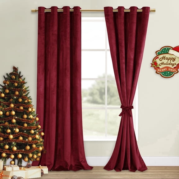 JIUZHEN Velvet Curtains for Bedroom - Blackout Thermal Insulated Curtains 96 Inch Long Grommet Room Darkening Drapes for Living Room Home Theater, Set of 2 panles with Tiebacks, W52 x L96, Wine Red