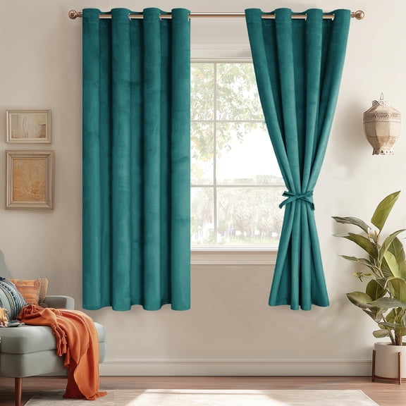 JIUZHEN Velvet Curtains for Bedroom - Thermal Insulated Room Darkening Grommet Window Drapes for Living Room, Set of 2 Window Curtain Panels with Tiebacks, 52 x 63 inches, Teal