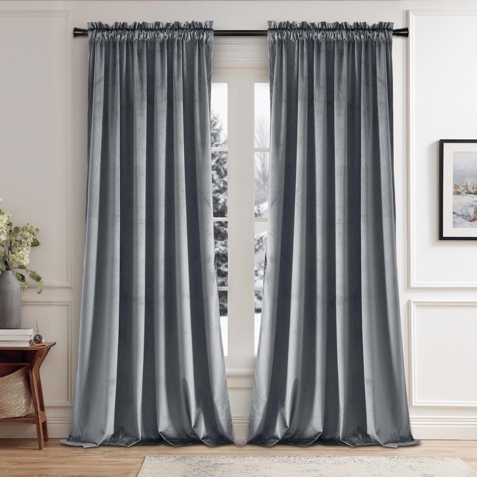 JIUZHEN Velvet Curtains Contemporary Grey Solid Print Rod Pocket Blackout Curtains, 60" x 96" (2 Panels)