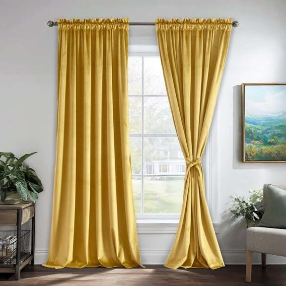 JIUZHEN Velvet Curtains for Living Room - 108 inches Thermal Insulated Room Darkening Privacy Protect for Parlor/Gallery, Set of 2 Window Curtain Panels with Tiebacks, 52W x 108L, Yellow