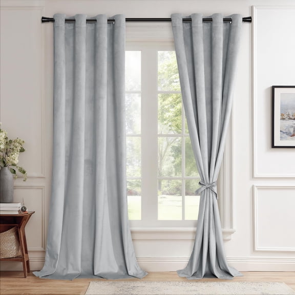 JIUZHEN Velvet Curtains for Living Room - Thermal Insulated Room Darkening Grommet Soft Retro Window Drapes for Bedroom, Set of 2 Window Curtain Panels with Tiebacks, 52 x 96 inches,Silver Grey