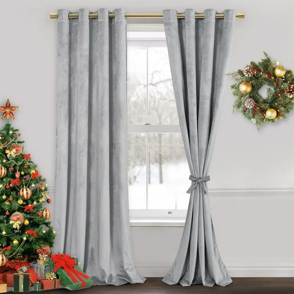 JIUZHEN Velvet Curtains for Living Room - Thermal Insulated Room Darkening Grommet Soft Retro Window Drapes for Bedroom/Sliding Door, Set of 2 Panels with Tiebacks, 52 x 84 inches,Silver Grey