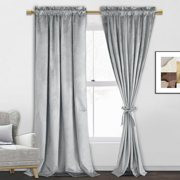 JIUZHEN Velvet Curtains for Living Room - Thermal Insulated Room Darkening Rod Pocket Soft Retro Window Drapes for Bedroom/Sliding Door, Set of 2 Panels with Tiebacks, 52 x 84 inches,Silver Grey