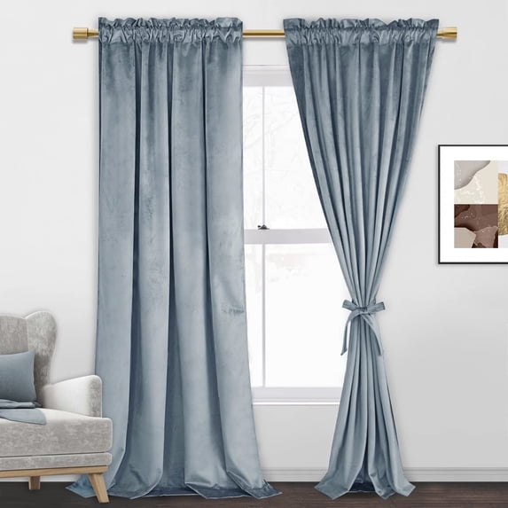 JIUZHEN Velvet Stone Blue Solid Print Contemporary Rod Pocket Blackout Curtain Panel Pairs, 52 x 84 in (2 Panels)