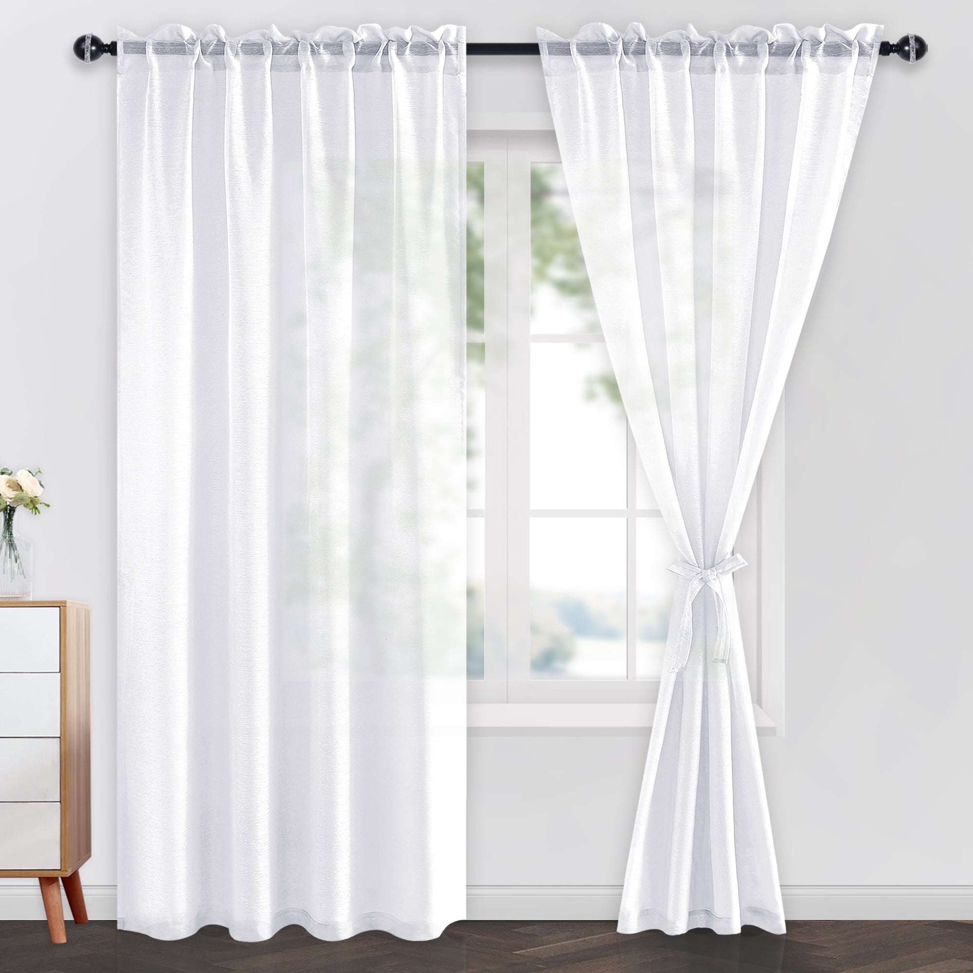 JIUZHEN White Sheer Curtains 108 Inches Long, Light Filtering Semi Transparent Rod Pocket Voile Window Curtains, Elegant Drapes for Living Room, Bedroom, Set of 2 Panels with Tiebacks, W52 x L108