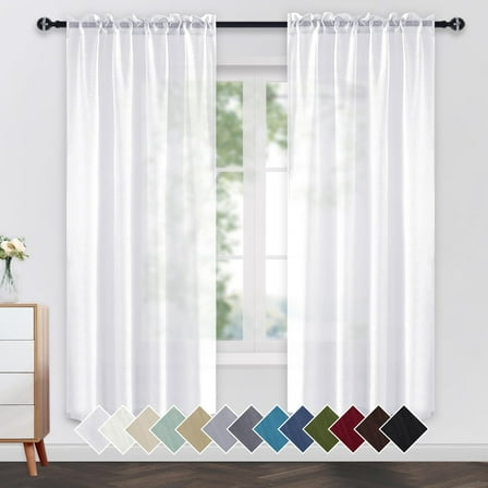 JIUZHEN White Sheer Curtains 63 Inches Long, Rod Pocket Light Filtering Semi Transparent Voile Window Curtains for Living Room & Bedroom, Set of 2 Panels with Tiebacks, W52 x L63