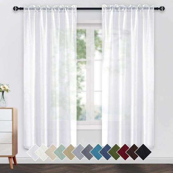 JIUZHEN White Sheer Curtains 63 Inches Long, Rod Pocket Light Filtering Semi Transparent Voile Window Curtains for Living Room & Bedroom, Set of 2 Panels with Tiebacks, W52 x L63