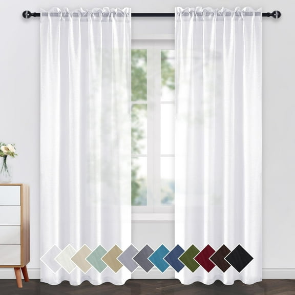 JIUZHEN White Sheer Curtains 96 Inches Long, Rod Pocket & Back Tab Semi Transparent Light Filtering Window Voile Curtains for Living Room/Bedroom, Set of 2 Panels with Tiebacks, W52 x L96