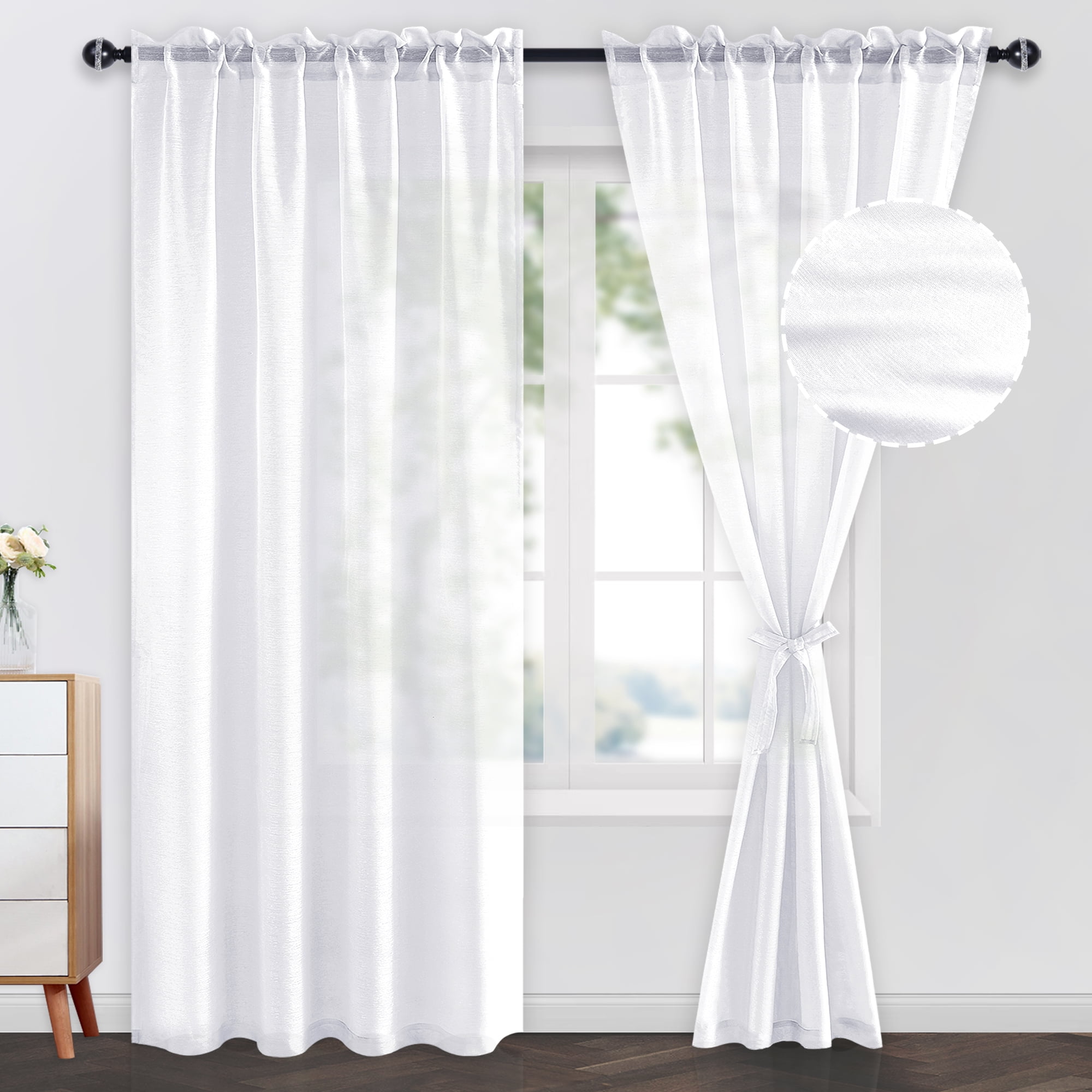 JIUZHEN White Sheer Curtains 96 Inches Long, Rod Pocket & Back Tab Semi