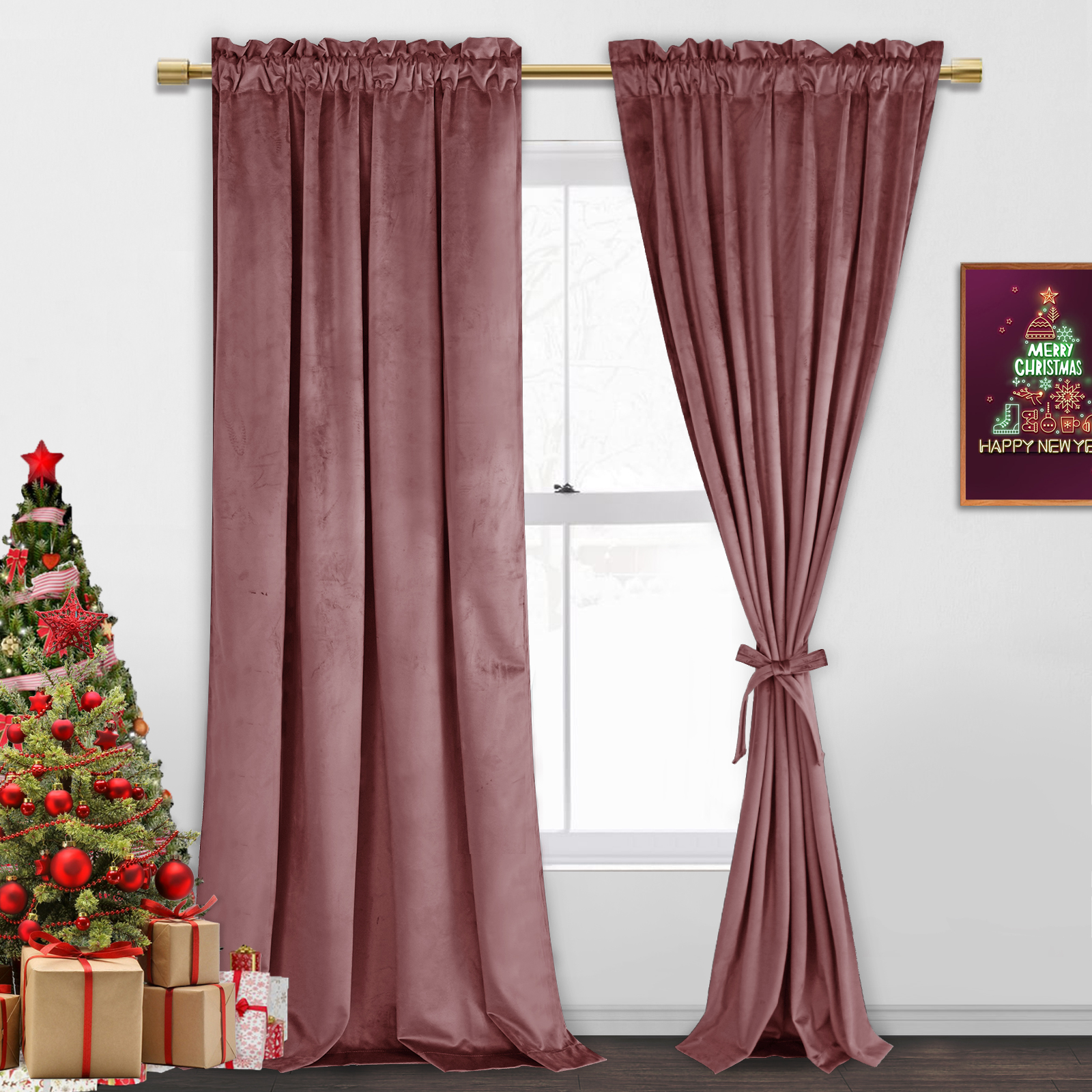 JIUZHEN Wild Rose Velvet Curtains 96 Inch Long–Soft Retro Velvet Blackout Thermal Insulated & Noise Reducing Rod Pocket Curtains for Living Room, 52W x 96L, 2 Panels with Tiebacks