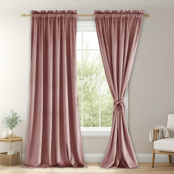 JIUZHEN Wild Rose Velvet Curtains 96 Inch Long–Soft Retro Velvet Blackout Thermal Insulated & Noise Reducing Rod Pocket Curtains for Living Room, 52W x 96L, 2 Panels with Tiebacks