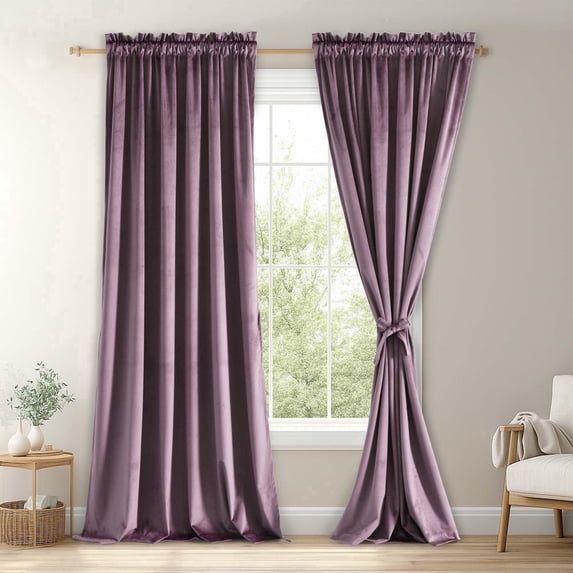 JIUZHEN Lavender Velvet Rod Pocket Blackout Curtains - Thermal Insulated Soft Velvet Window Treatments with Rod Pocket for Bedroom Living Room, 2 Panels with Tiebacks, 52W x 84L