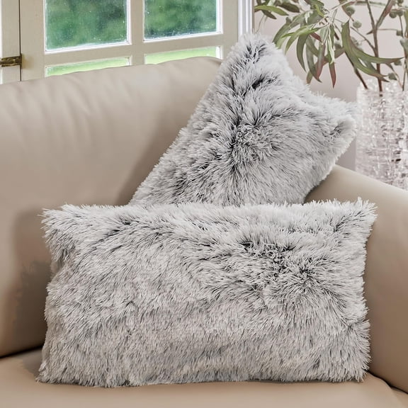 JIXINTECH 2-Pack Gray 12"x20" Shaggy Faux Fur Throw Pillows for Couch & Bed - Soft, Cozy Long Hair Decorative Pillows with Inserts