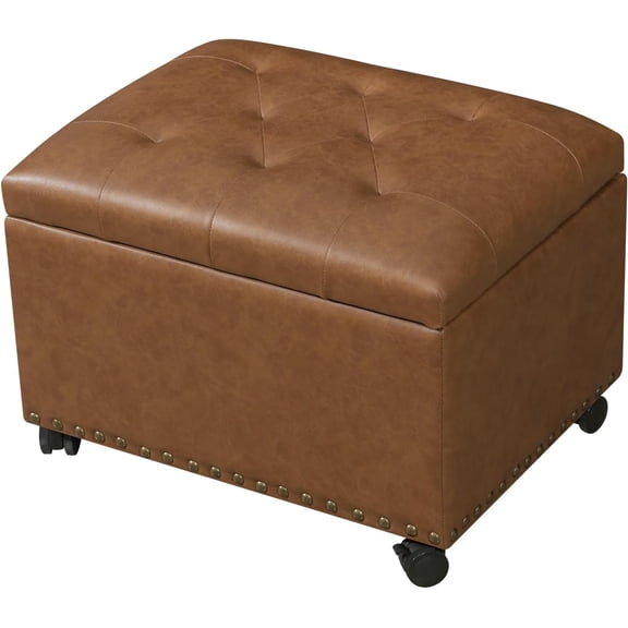 JIXINTECH 24" Leather Storage Ottoman with Wheels, Hinged Lid, Nailhead Trim - Vintage Golden Brown Foot Rest for Living Room, Bedroom