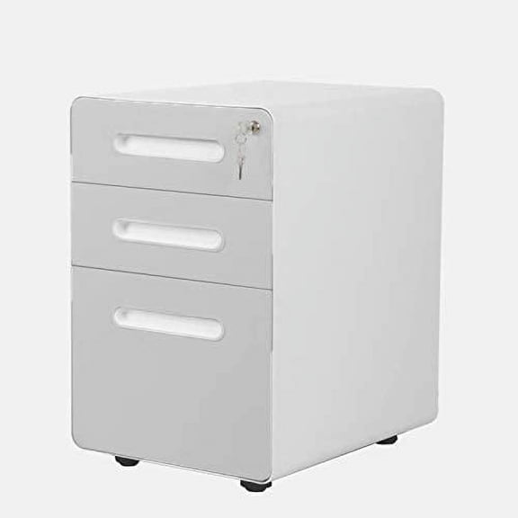 JIXINTECH 3-Drawer Metal Mobile File Cabinet with Lock, Vertical, Anti-Tilt, Casters, Light Gray/White for Office