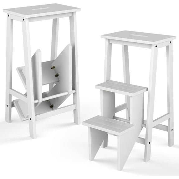 JIXINTECH 3-Tier Folding Wood Step Ladder Stool, 3-in-1 Multifunction Display Shelf for Kitchen, Home, Library, White, 200lbs