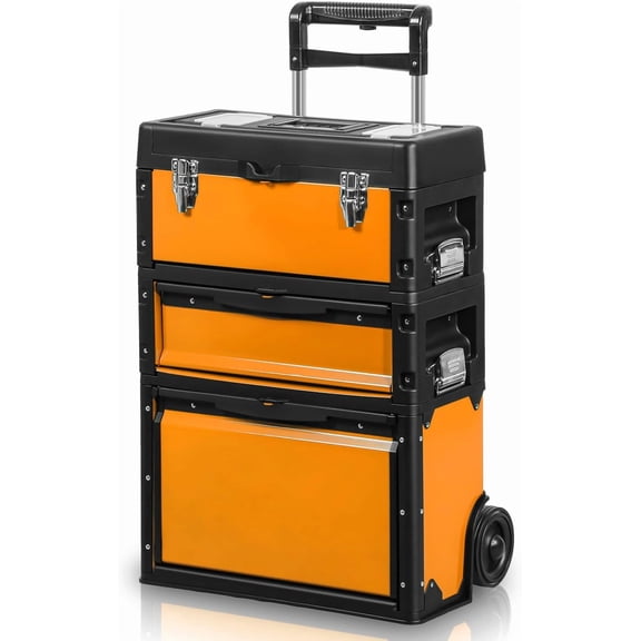 JIXINTECH 3-Tier Stackable Rolling Tool Box, 3-in-1 Portable Organizer Chest with Wheels for Garage & Workshop, Orange