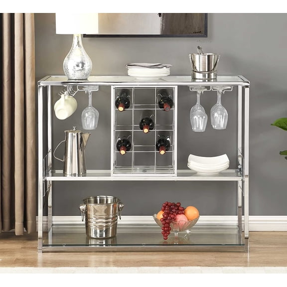 JIXINTECH 3-Tier Wine Bar Cabinet with Glass Holder, Modern Liquor Storage for Kitchen, Dining, Living Room (Silver, 39"W x 15.3"D x 32.8"H)